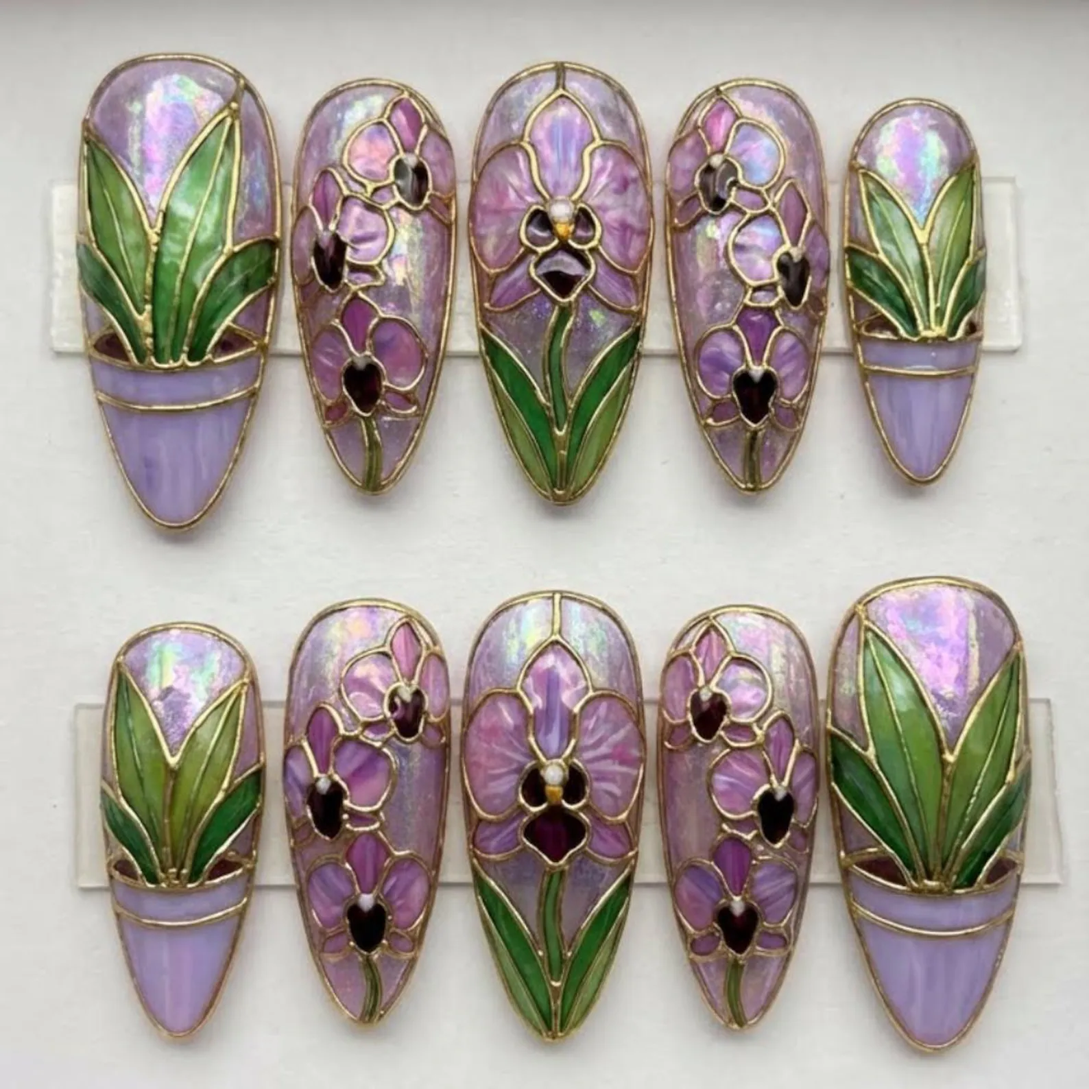 stained glass nails, orchid press on, press on nails, custom press on nails, fake nails, Nails Art, gold press on nails, 3d press on nails, luxury press on nails, handmade press on nails