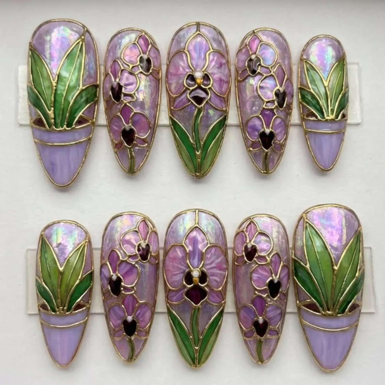 stained glass nails, orchid press on, press on nails, custom press on nails, fake nails, Nails Art, gold press on nails, 3d press on nails, luxury press on nails, handmade press on nails
