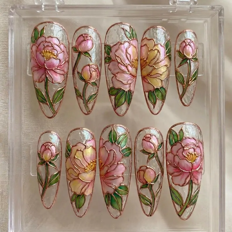 peony press on, press on nails, custom press on nails, fake nails, Nails Art, stained glass nails, gold press on nails, 3d press on nails, luxury press on nails, handmade press on nails
