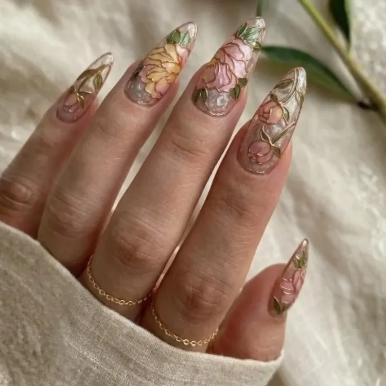 3D floral art, rose gold nails, press on nails, custom press on nails, fake nails, Nails Art, stained glass nails, gold press on nails, 3d press on nails, luxury press on nails, handmade press on nails