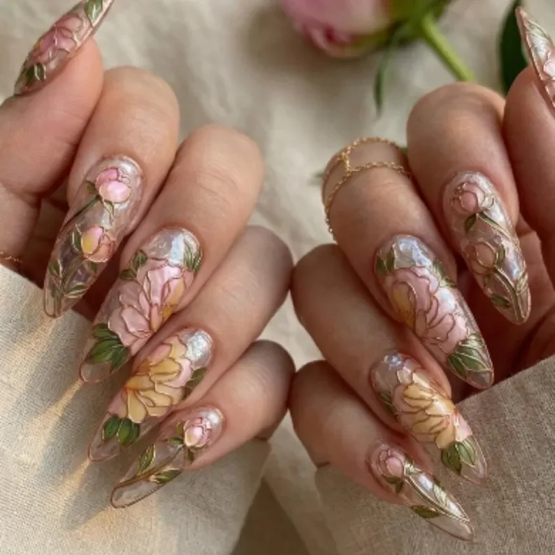 floral art nails, rose gold floral, press on nails, custom press on nails, fake nails, Nails Art, stained glass nails, gold press on nails, 3d press on nails, luxury press on nails, handmade press on nails