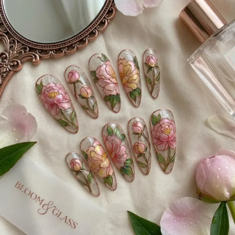 peony nail design, stained glass nails, press on nails, custom press on nails, fake nails, Nails Art, gold press on nails, 3d press on nails, luxury press on nails, handmade press on nails