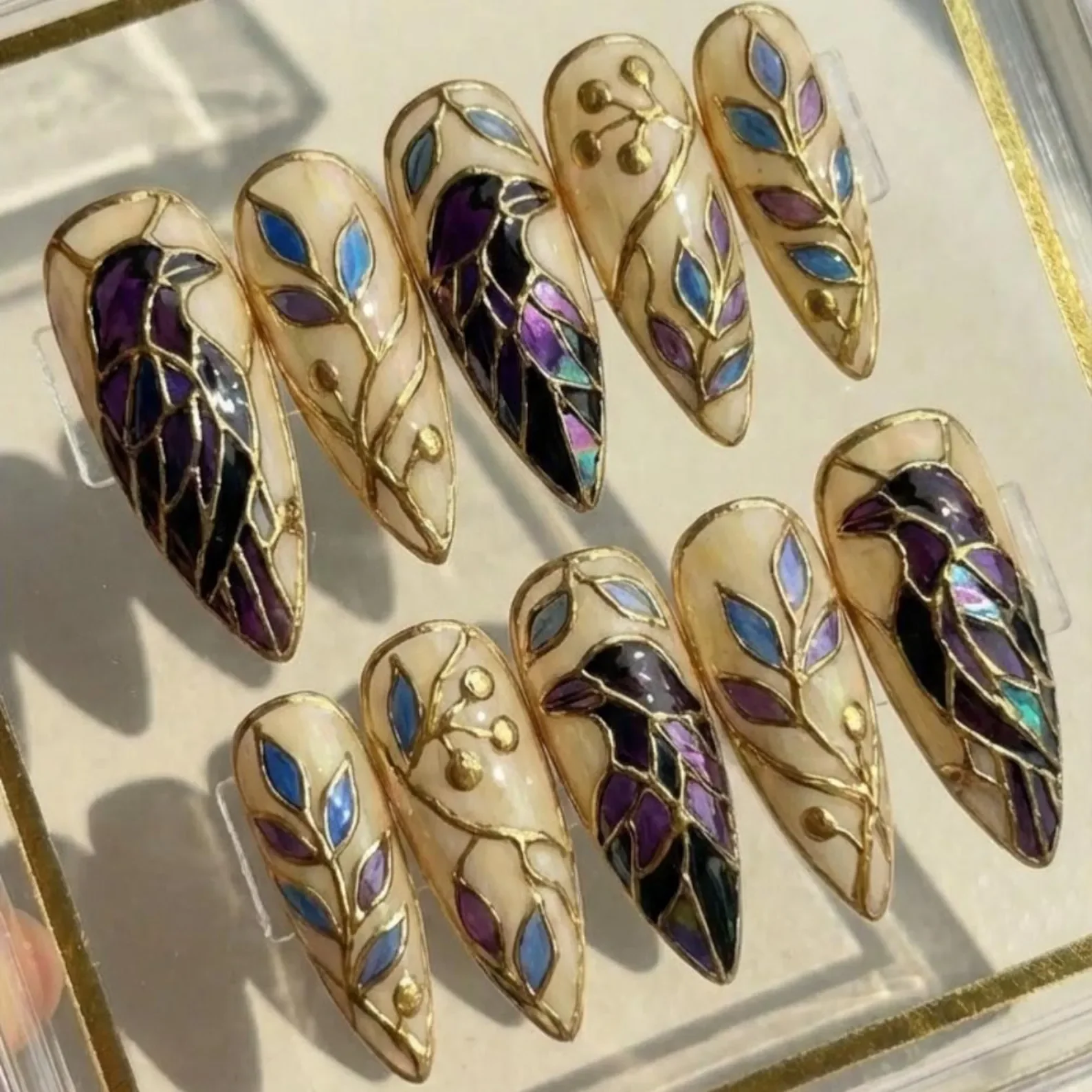 stained glass nails, raven press on, press on nails, custom press on nails, fake nails, Nails Art, gold press on nails, 3d press on nails, luxury press on nails, handmade press on nails
