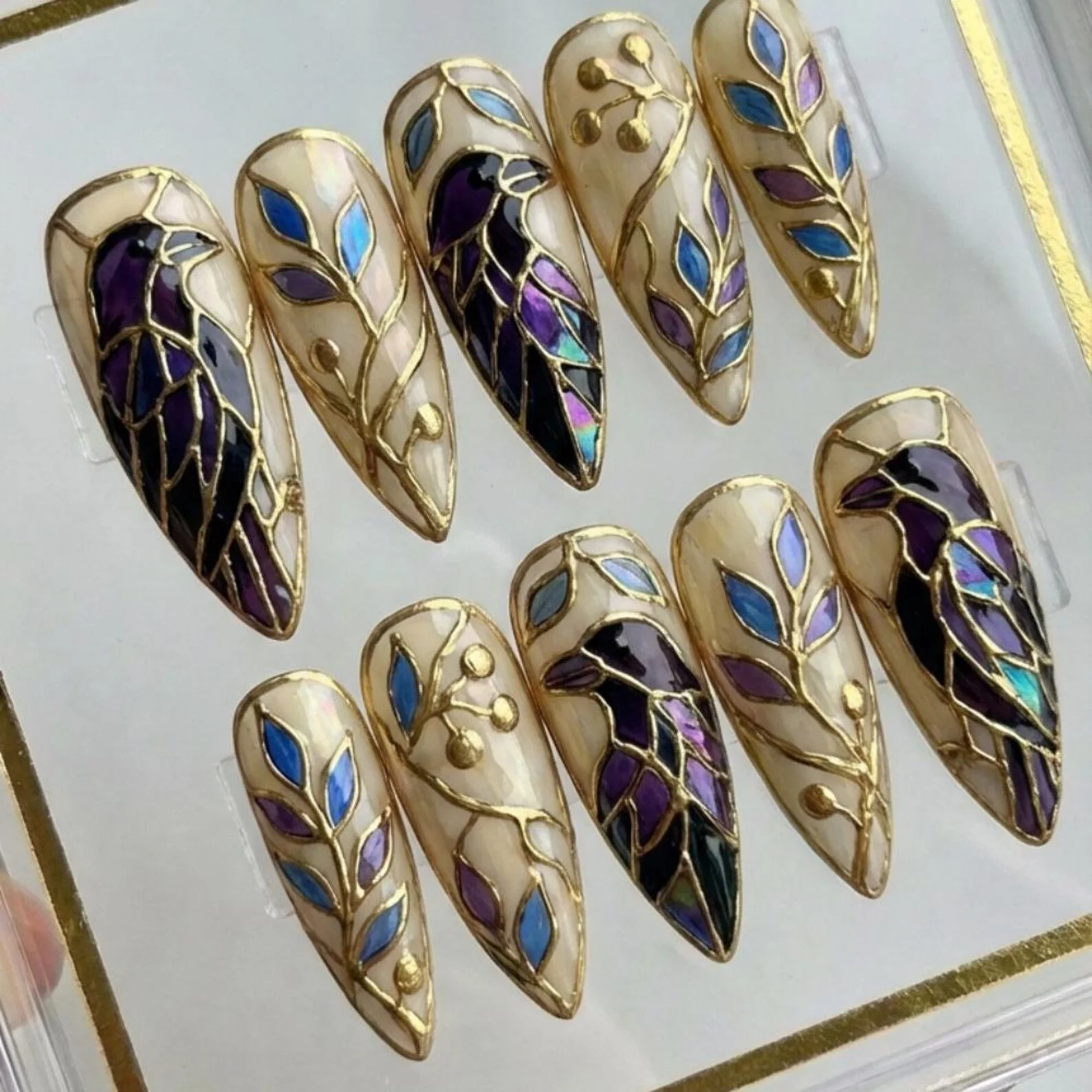 stained glass nails, raven press on, press on nails, custom press on nails, fake nails, Nails Art, gold press on nails, 3d press on nails, luxury press on nails, handmade press on nails