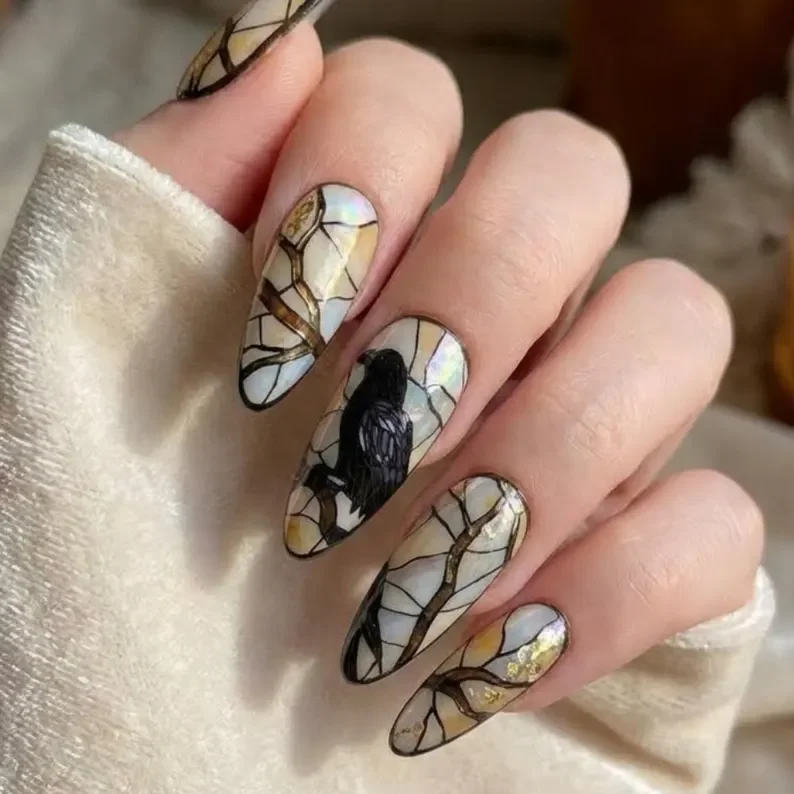 stained glass nails, raven press on, press on nails, custom press on nails, fake nails, Nails Art, gold press on nails, 3d press on nails, luxury press on nails, handmade press on nails