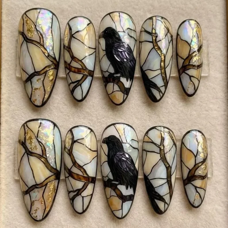 gothic nails, art nouveau, press on nails, custom press on nails, fake nails, Nails Art, stained glass nails, gold press on nails, 3d press on nails, luxury press on nails, handmade press on nails