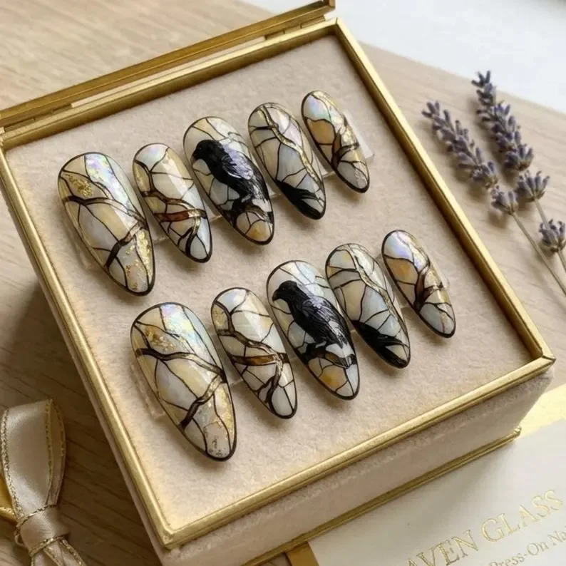 gothic art, raven nail art, press on nails, custom press on nails, fake nails, Nails Art, stained glass nails, gold press on nails, 3d press on nails, luxury press on nails, handmade press on nails