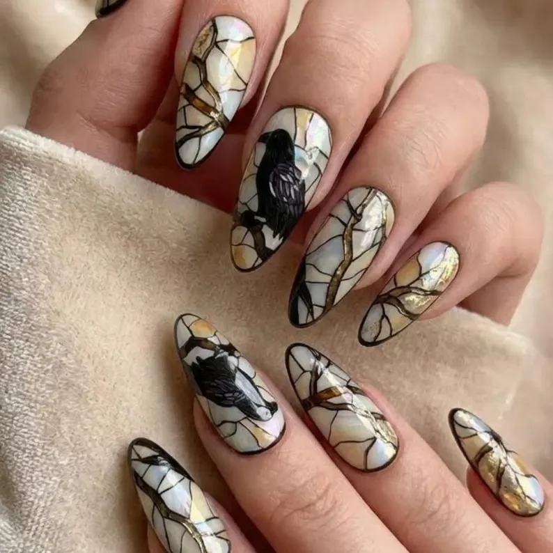 stained glass nails, raven press on, press on nails, custom press on nails, fake nails, Nails Art, gold press on nails, 3d press on nails, luxury press on nails, handmade press on nails