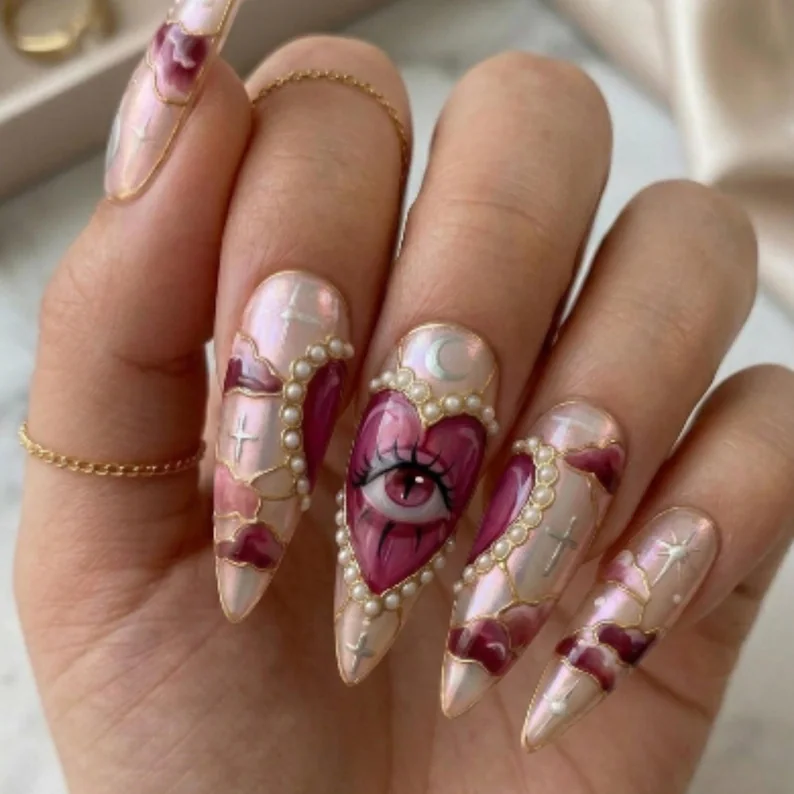 press on nails, celestial pink, custom press on nails, fake nails, Nails Art, stained glass nails, gold press on nails, 3d press on nails, luxury press on nails, handmade press on nails