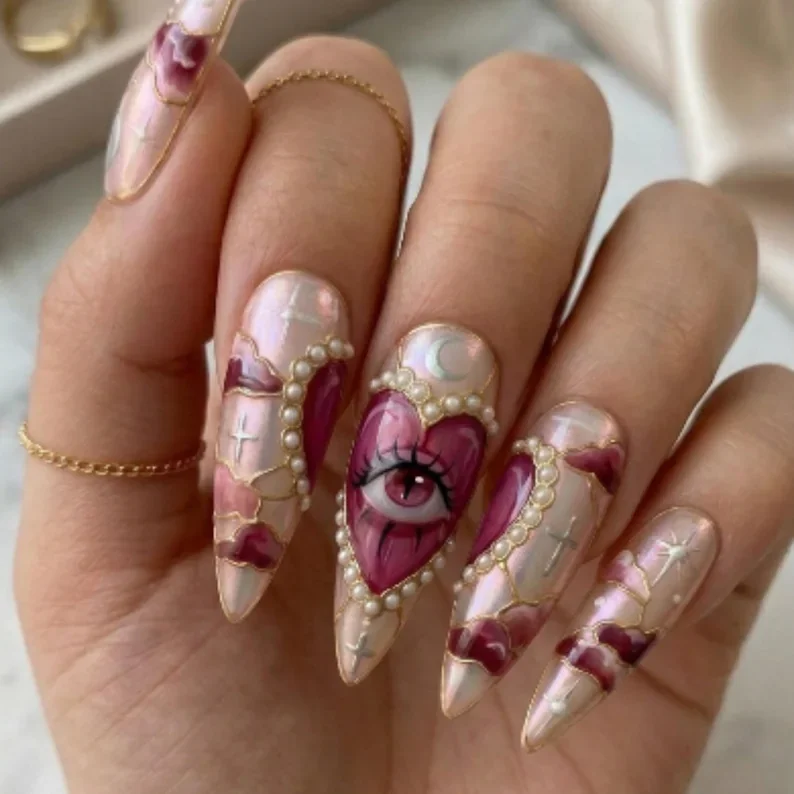 stained glass nails, sacred heart nails, press on nails, custom press on nails, fake nails, Nails Art, gold press on nails, 3d press on nails, luxury press on nails, handmade press on nails