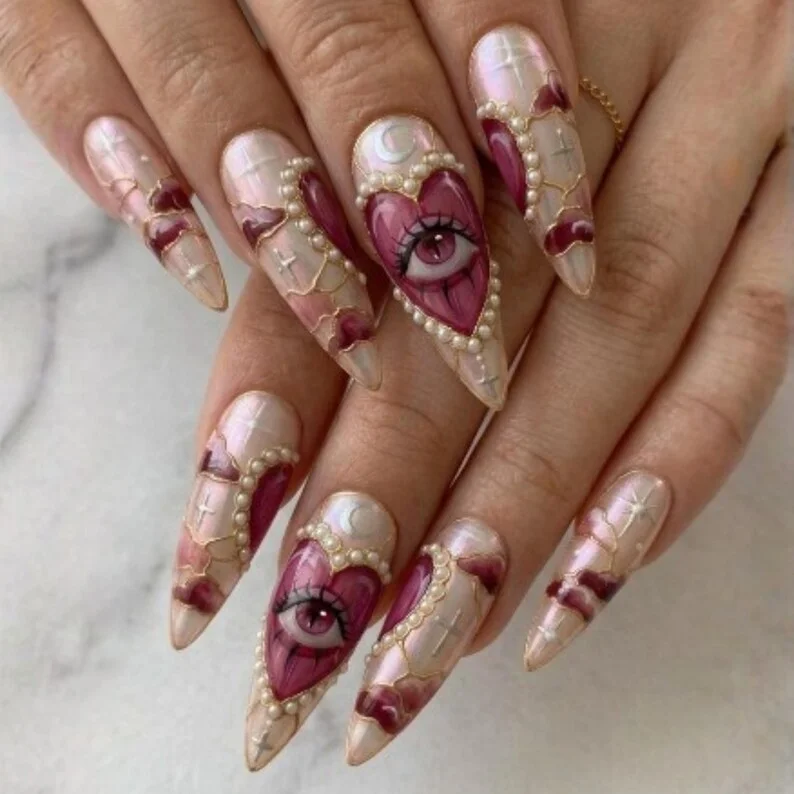 press on nails, celestial pink, custom press on nails, fake nails, Nails Art, stained glass nails, gold press on nails, 3d press on nails, luxury press on nails, handmade press on nails