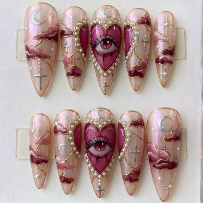 evil eye nail art, moon art design, press on nails, custom press on nails, fake nails, Nails Art, stained glass nails, gold press on nails, 3d press on nails, luxury press on nails, handmade press on nails