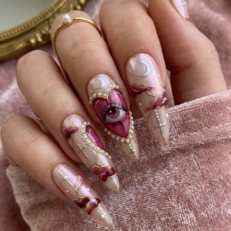 pink evil eye, sacred heart design, press on nails, custom press on nails, fake nails, Nails Art, stained glass nails, gold press on nails, 3d press on nails, luxury press on nails, handmade press on nails