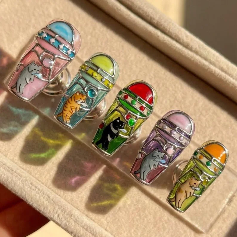 stained glass nails, space cat nails, press on nails, custom press on nails, fake nails, Nails Art, gold press on nails, 3d press on nails, luxury press on nails, handmade press on nails