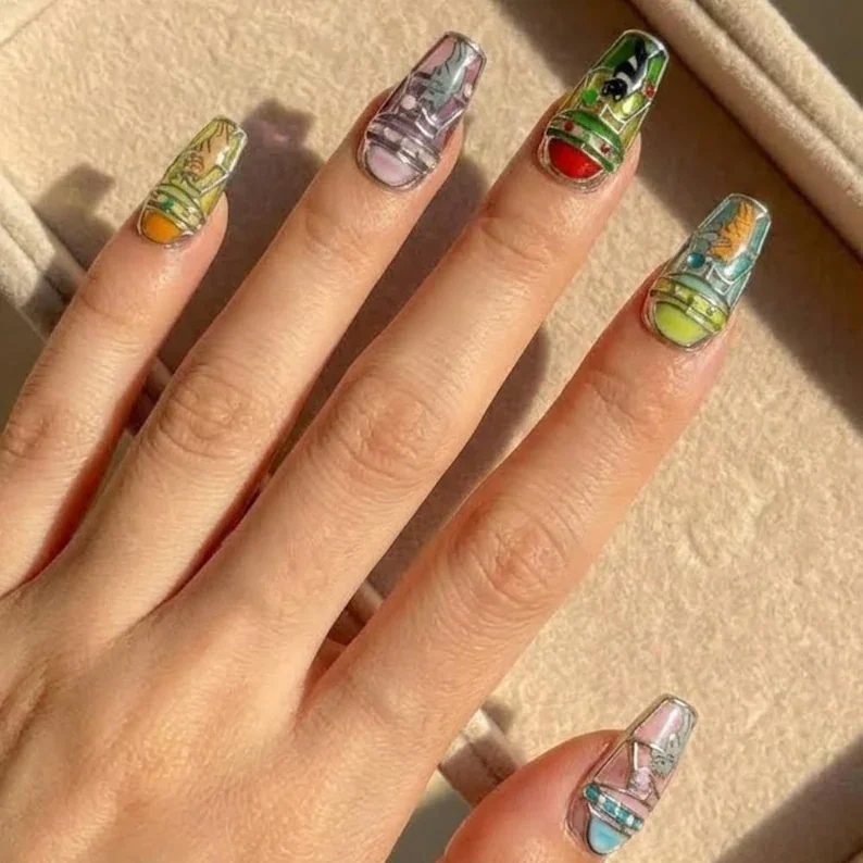 kitten nail art, space themed nails, press on nails, custom press on nails, fake nails, Nails Art, stained glass nails, gold press on nails, 3d press on nails, luxury press on nails, handmade press on nails