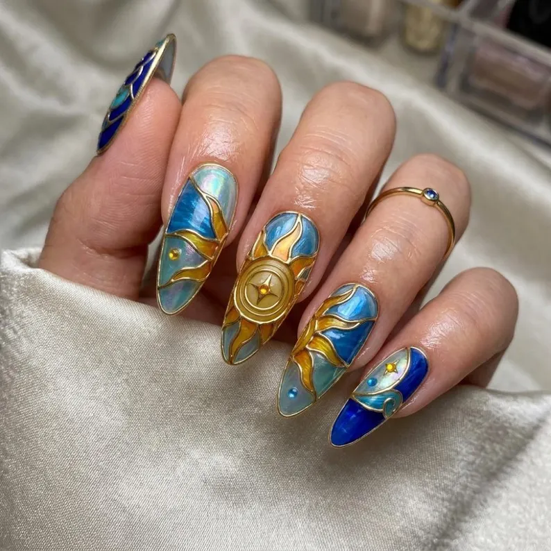 iridescent blue, art nouveau nails, press on nails, custom press on nails, fake nails, Nails Art, stained glass nails, gold press on nails, 3d press on nails, luxury press on nails, handmade press on nails