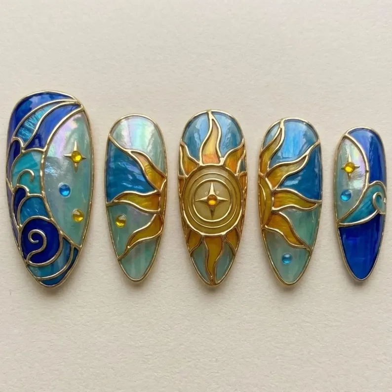 press on nails, gold chrome nails, custom press on nails, fake nails, Nails Art, stained glass nails, gold press on nails, 3d press on nails, luxury press on nails, handmade press on nails