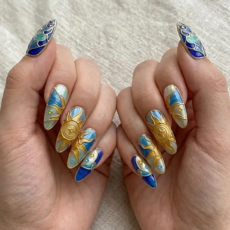iridescent blue, art nouveau nails, press on nails, custom press on nails, fake nails, Nails Art, stained glass nails, gold press on nails, 3d press on nails, luxury press on nails, handmade press on nails
