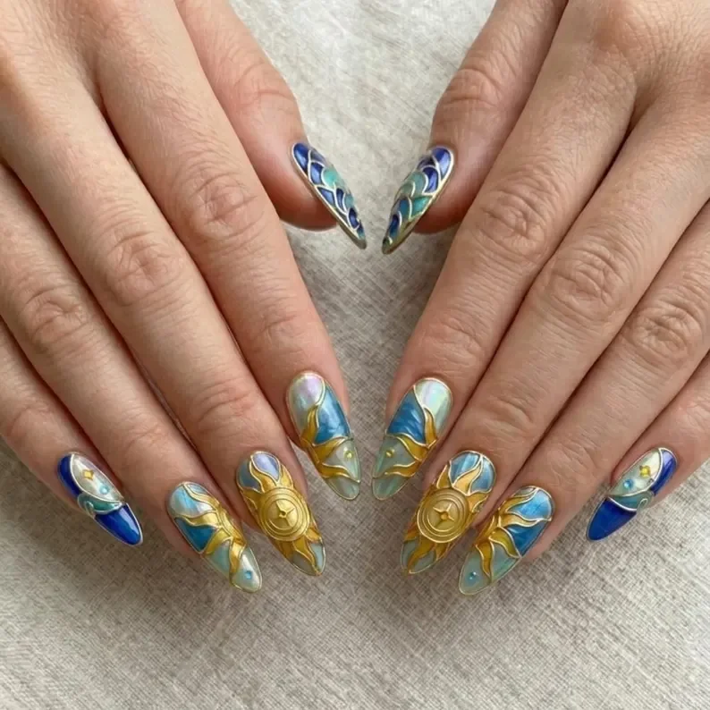 chrome iridescent, ocean art nails, press on nails, custom press on nails, fake nails, Nails Art, stained glass nails, gold press on nails, 3d press on nails, luxury press on nails, handmade press on nails