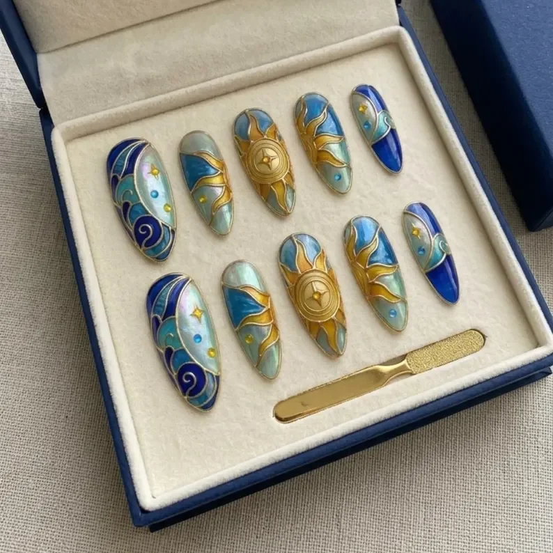 stained glass nails, sun ocean nails, press on nails, custom press on nails, fake nails, Nails Art, gold press on nails, 3d press on nails, luxury press on nails, handmade press on nails