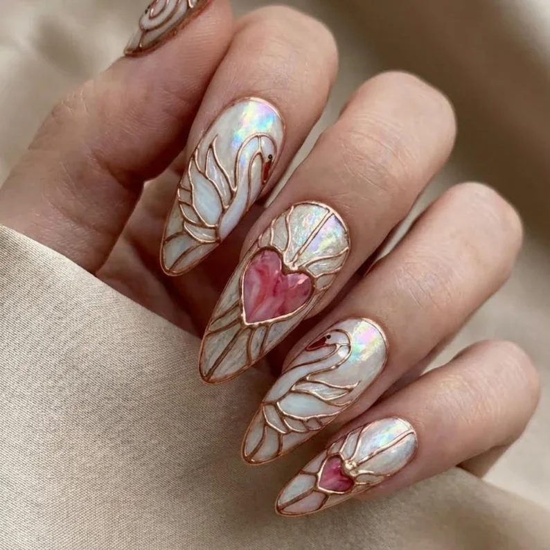 rose gold filigree, iridescent pearl, press on nails, custom press on nails, fake nails, Nails Art, stained glass nails, gold press on nails, 3d press on nails, luxury press on nails, handmade press on nails