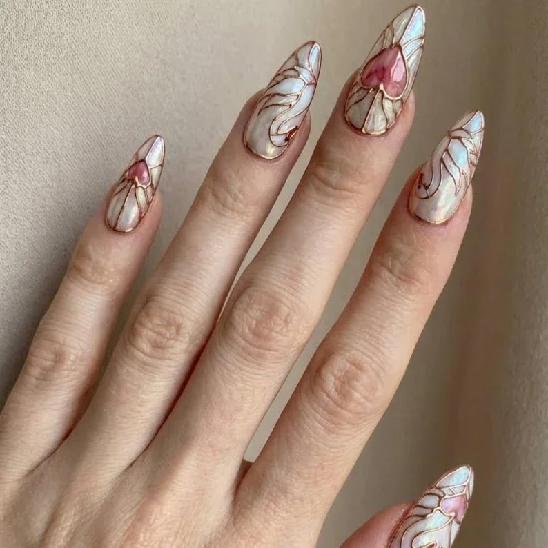 swan nail design, pearl press ons, press on nails, custom press on nails, fake nails, Nails Art, stained glass nails, gold press on nails, 3d press on nails, luxury press on nails, handmade press on nails