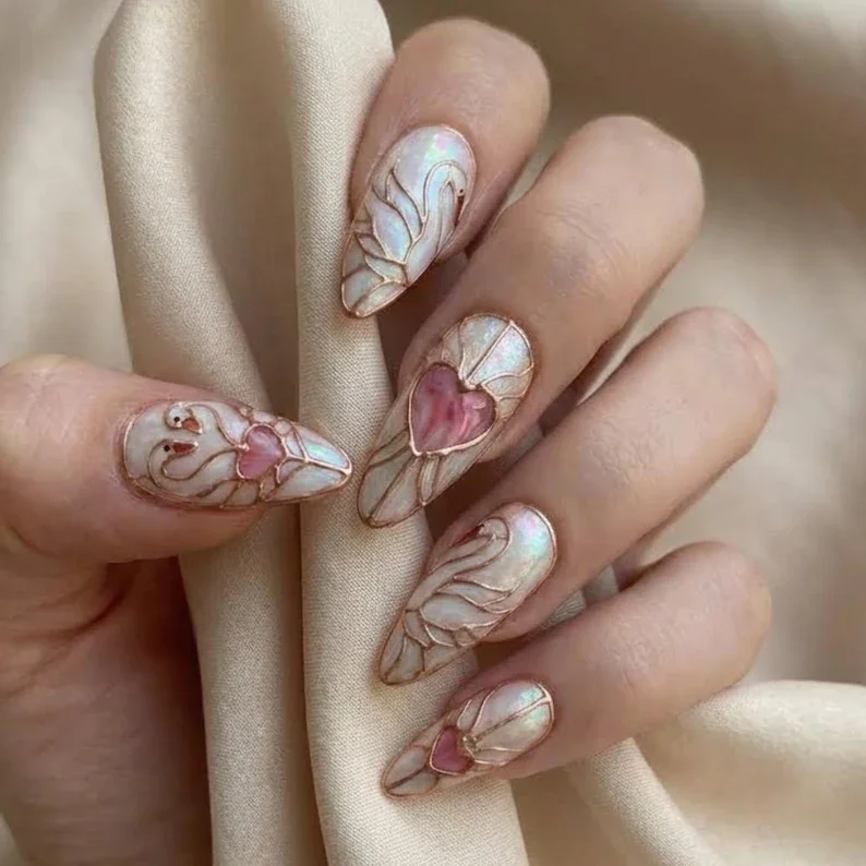 rose gold nails, stained glass nails, press on nails, custom press on nails, fake nails, Nails Art, gold press on nails, 3d press on nails, luxury press on nails, handmade press on nails