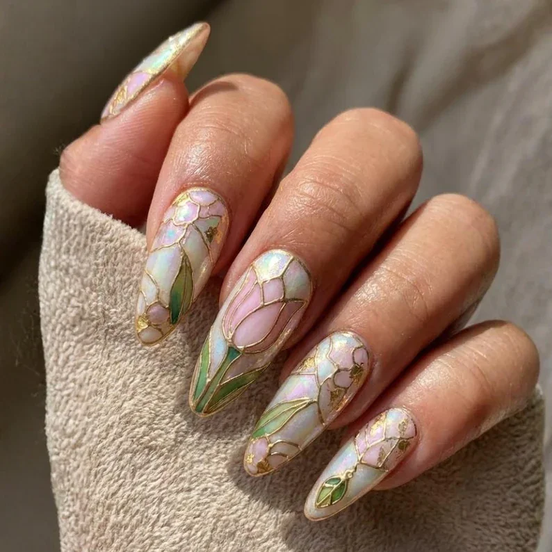 stained glass nails, tulip press on, press on nails, custom press on nails, fake nails, Nails Art, gold press on nails, 3d press on nails, luxury press on nails, handmade press on nails