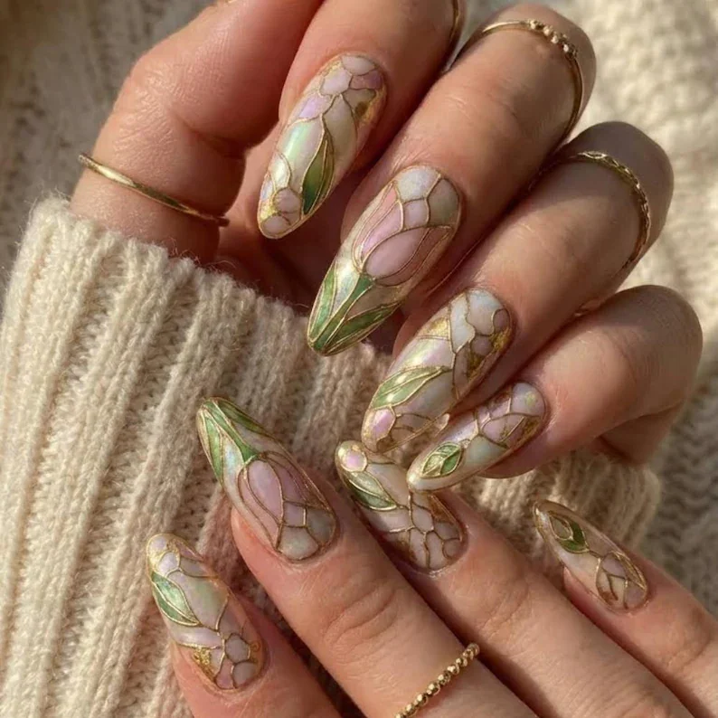 3D gold mosaic, floral art nails, press on nails, custom press on nails, fake nails, Nails Art, stained glass nails, gold press on nails, 3d press on nails, luxury press on nails, handmade press on nails