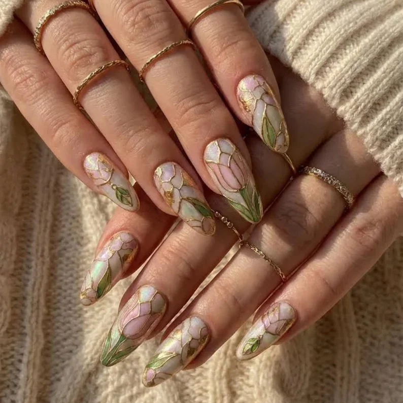 gold mosaic, mosaic floral, press on nails, custom press on nails, fake nails, Nails Art, stained glass nails, gold press on nails, 3d press on nails, luxury press on nails, handmade press on nails