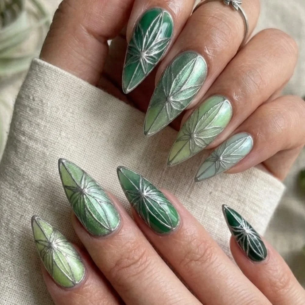 cannabis leaf nails, 3D metallic nails, press on nails, custom press on nails, fake nails, Nails Art, stained glass nails, gold press on nails, 3d press on nails, luxury press on nails, handmade press on nails