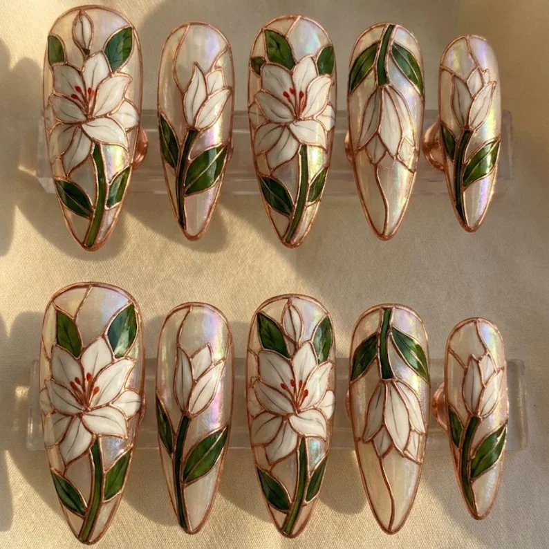 stained glass nails, white lily nails, press on nails, custom press on nails, fake nails, Nails Art, gold press on nails, 3d press on nails, luxury press on nails, handmade press on nails