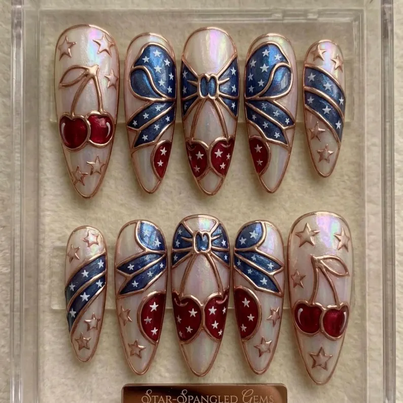 patriotic nail art, star spangled, press on nails, custom press on nails, fake nails, Nails Art, stained glass nails, gold press on nails, 3d press on nails, luxury press on nails, handmade press on nails