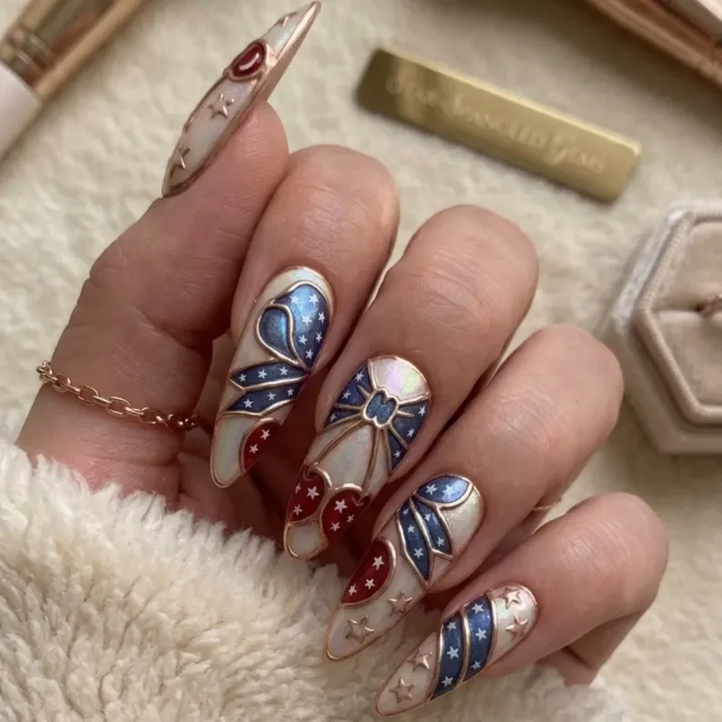patriotic nail art, star spangled, press on nails, custom press on nails, fake nails, Nails Art, stained glass nails, gold press on nails, 3d press on nails, luxury press on nails, handmade press on nails