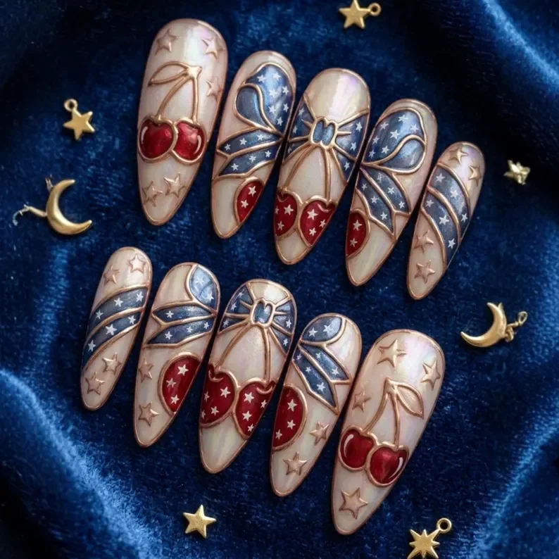 July themed nails, festive manicure, press on nails, custom press on nails, fake nails, Nails Art, stained glass nails, gold press on nails, 3d press on nails, luxury press on nails, handmade press on nails