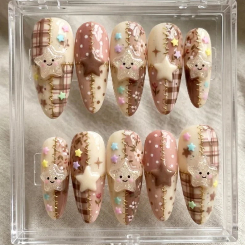 starry quilt patchwork, 3D hand painted nails, press on nails, custom press on nails, fake nails, Nails Art, stained glass nails, gold press on nails, 3d press on nails, luxury press on nails, handmade press on nails