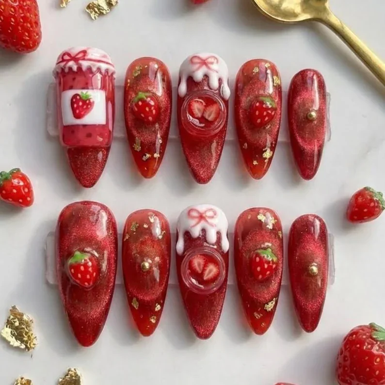 strawberry jam nails, 3D press on nails, press on nails, custom press on nails, fake nails, Nails Art, stained glass nails, gold press on nails, 3d press on nails, luxury press on nails, handmade press on nails