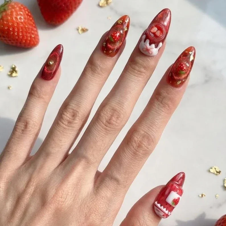 velvet cat eye, strawberry nail design, press on nails, custom press on nails, fake nails, Nails Art, stained glass nails, gold press on nails, 3d press on nails, luxury press on nails, handmade press on nails