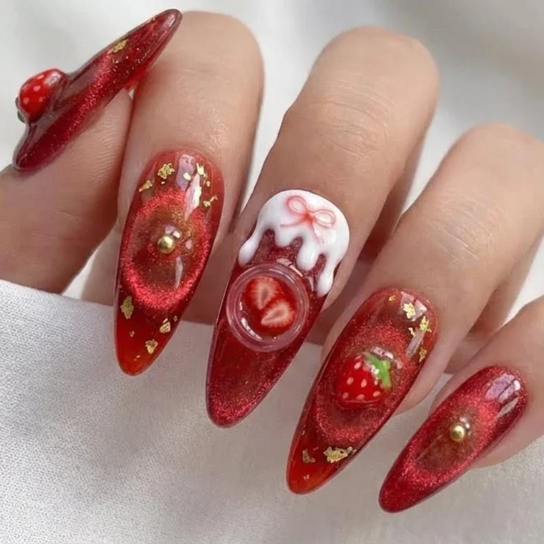 strawberry jam nails, 3D press on nails, press on nails, custom press on nails, fake nails, Nails Art, stained glass nails, gold press on nails, 3d press on nails, luxury press on nails, handmade press on nails