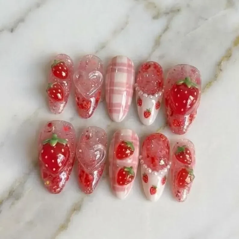 strawberry press on nails, 3D fruit nails, press on nails, custom press on nails, fake nails, Nails Art, stained glass nails, gold press on nails, 3d press on nails, luxury press on nails, handmade press on nails