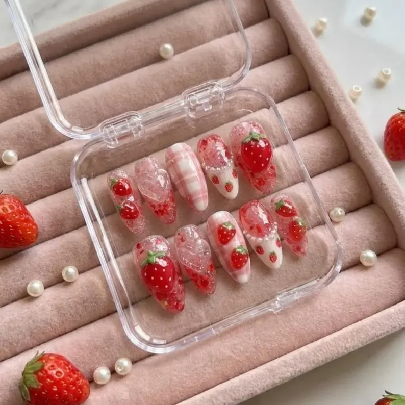gingham coquette, coquette nail art, press on nails, custom press on nails, fake nails, Nails Art, stained glass nails, gold press on nails, 3d press on nails, luxury press on nails, handmade press on nails