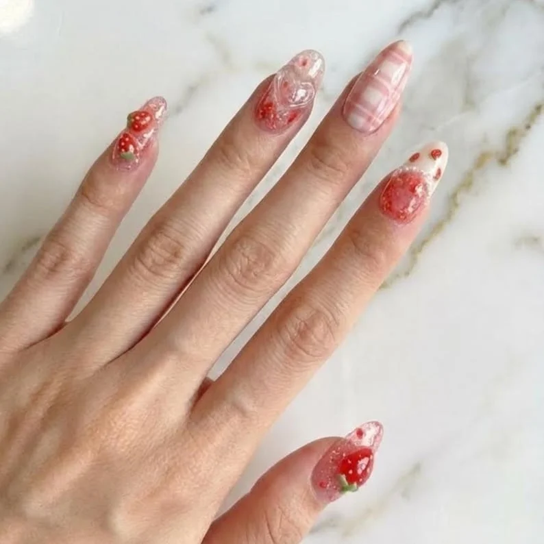 picnic themed nails, fruit nail design, press on nails, custom press on nails, fake nails, Nails Art, stained glass nails, gold press on nails, 3d press on nails, luxury press on nails, handmade press on nails