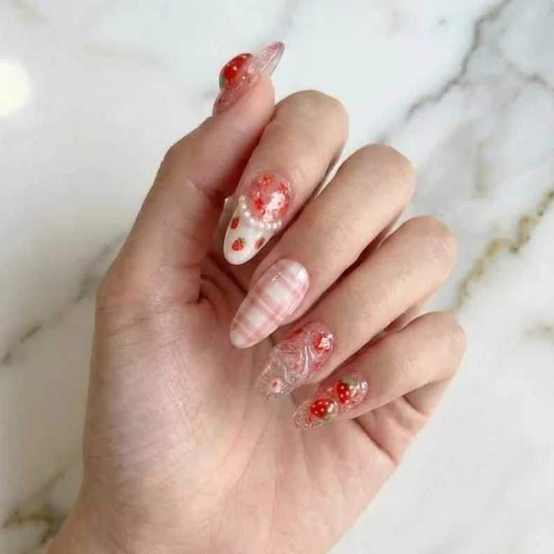 strawberry nail art, press on nail set, press on nails, custom press on nails, fake nails, Nails Art, stained glass nails, gold press on nails, 3d press on nails, luxury press on nails, handmade press on nails