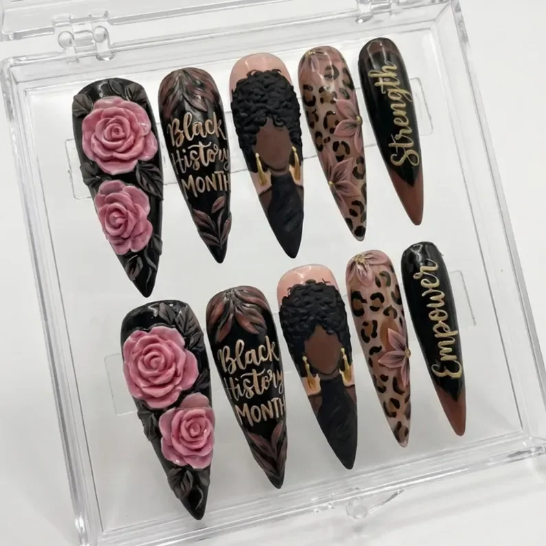 Black History Month, Press On Nails, press on nails, custom press on nails, fake nails, Nails Art, stained glass nails, gold press on nails, 3d press on nails, luxury press on nails, handmade press on nails