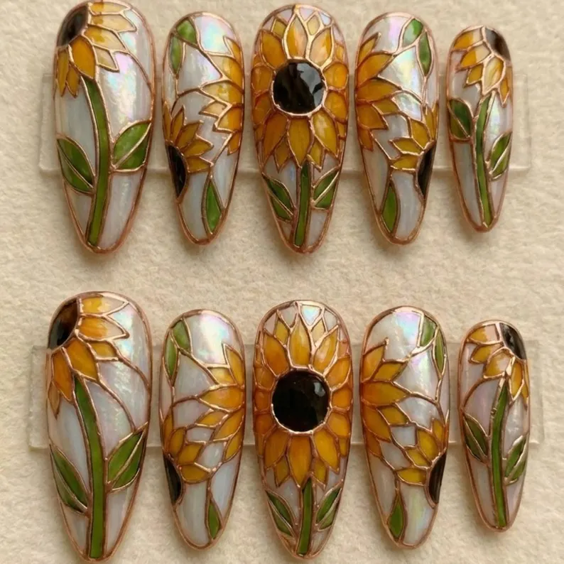 sunflower press on, stained glass nails, press on nails, custom press on nails, fake nails, Nails Art, gold press on nails, 3d press on nails, luxury press on nails, handmade press on nails