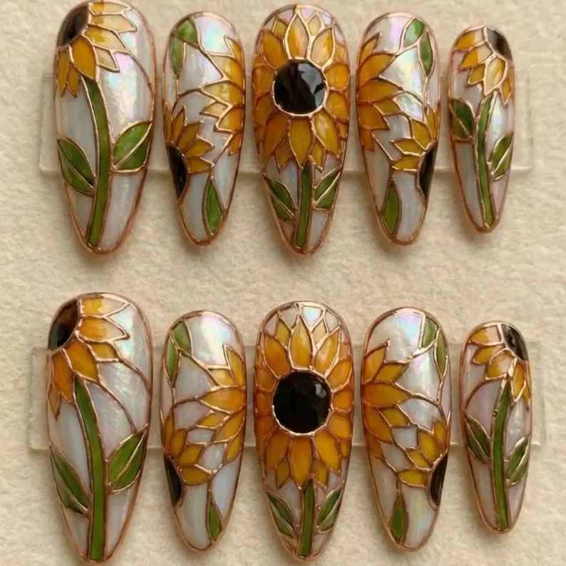 summer boho nails, sunflower press on, press on nails, custom press on nails, fake nails, Nails Art, stained glass nails, gold press on nails, 3d press on nails, luxury press on nails, handmade press on nails
