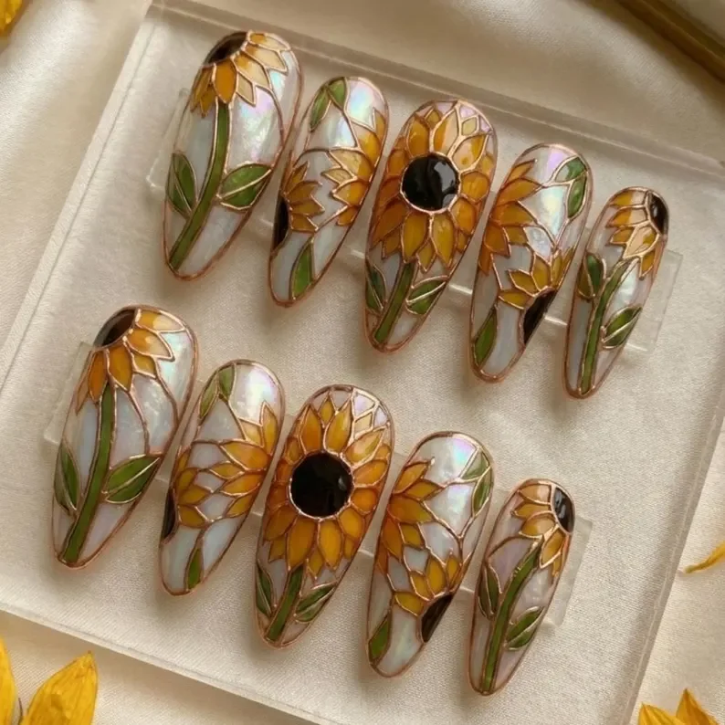 boho sunflower, press on nails, custom press on nails, fake nails, Nails Art, stained glass nails, gold press on nails, 3d press on nails, luxury press on nails, handmade press on nails