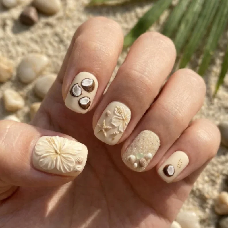 3D hibiscus, coconut art, press on nails, custom press on nails, fake nails, Nails Art, stained glass nails, gold press on nails, 3d press on nails, luxury press on nails, handmade press on nails