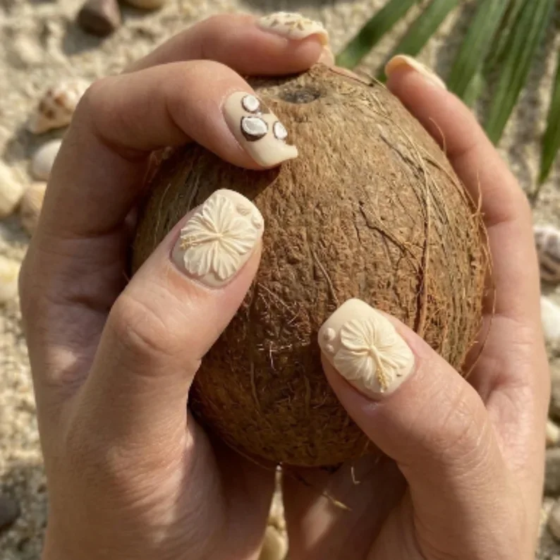sandy beach, seashell matte, press on nails, custom press on nails, fake nails, Nails Art, stained glass nails, gold press on nails, 3d press on nails, luxury press on nails, handmade press on nails