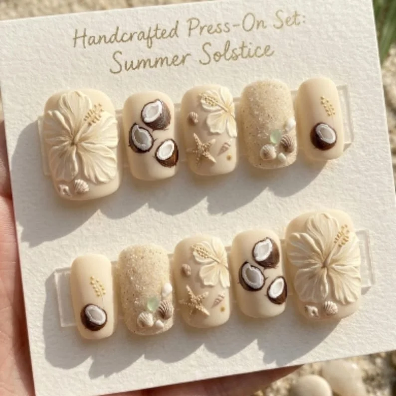 summer solstice, tropical press ons, press on nails, custom press on nails, fake nails, Nails Art, stained glass nails, gold press on nails, 3d press on nails, luxury press on nails, handmade press on nails
